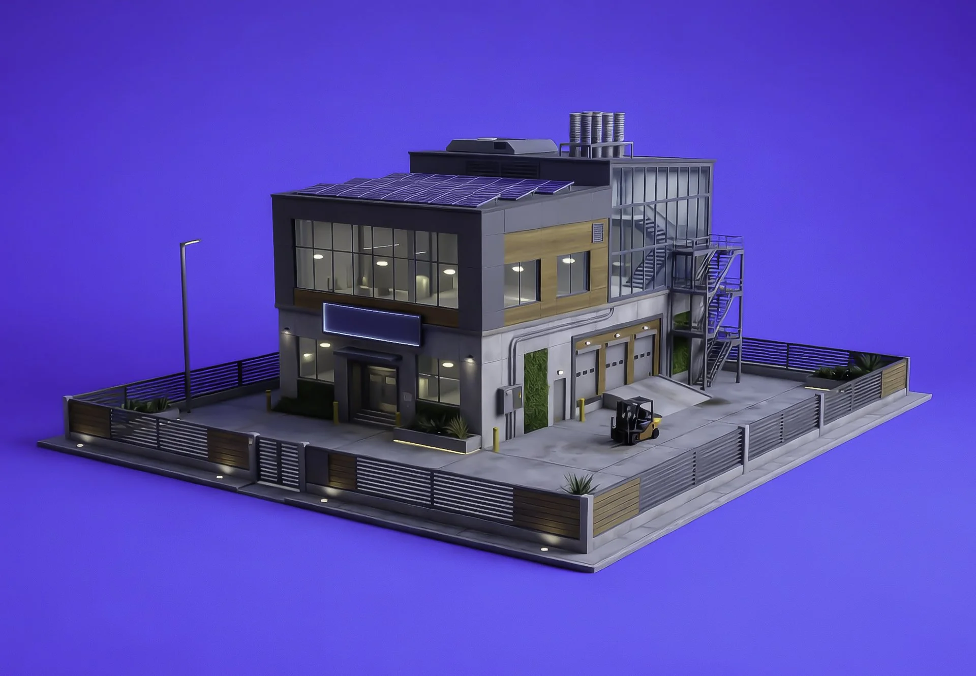 A detailed miniature model of a modern multi-story building with large glass windows, solar panels on the roof, and outdoor staircases, set on a platform with a fence and small landscape elements.