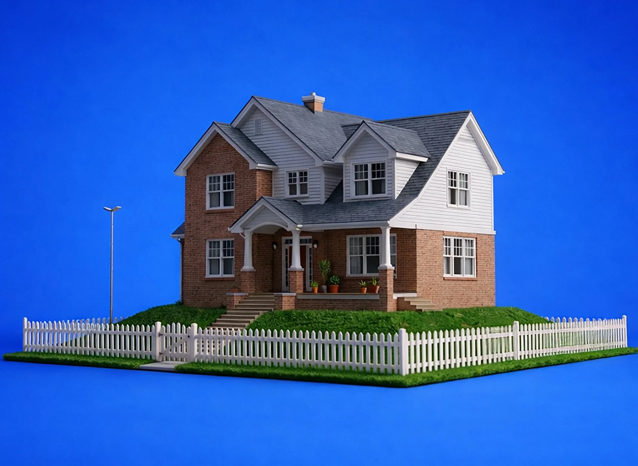 Model house with white picket fence, front porch, brick and white siding, multiple gabled roofs, potted plants, grassy yard, against a bright blue sky.
