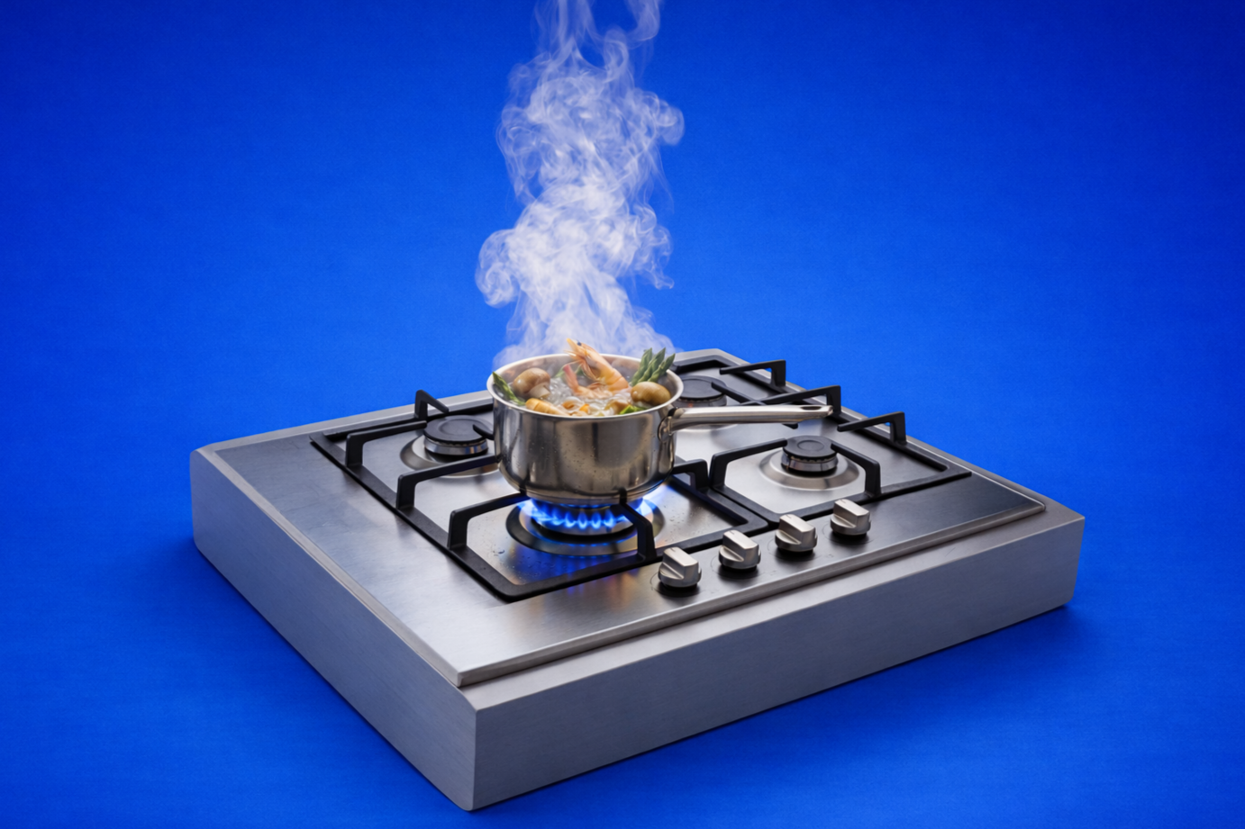 Stainless steel pot with food on a gas stove with blue flames, emitting steam, against a blue background.