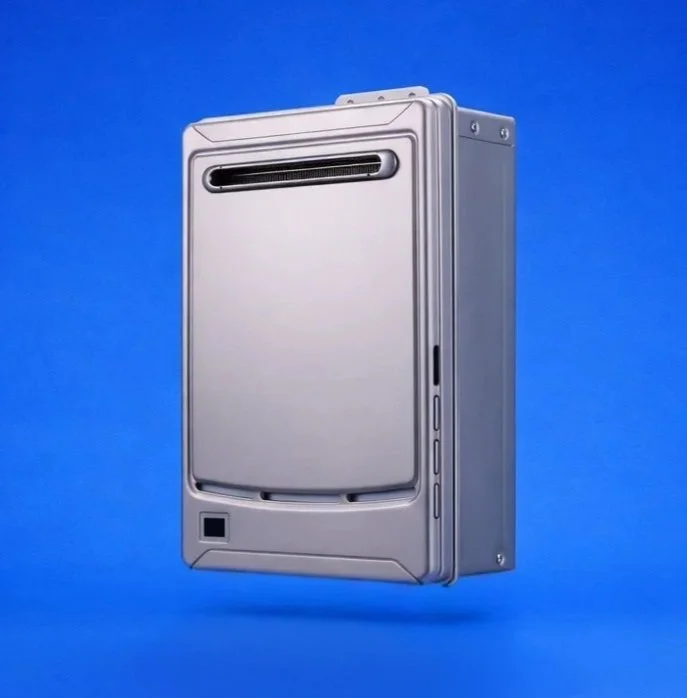 A vintage silver flip phone against a blue background.