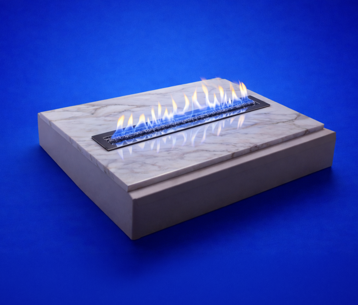 Modern gas fireplace with marble surround on a blue background.