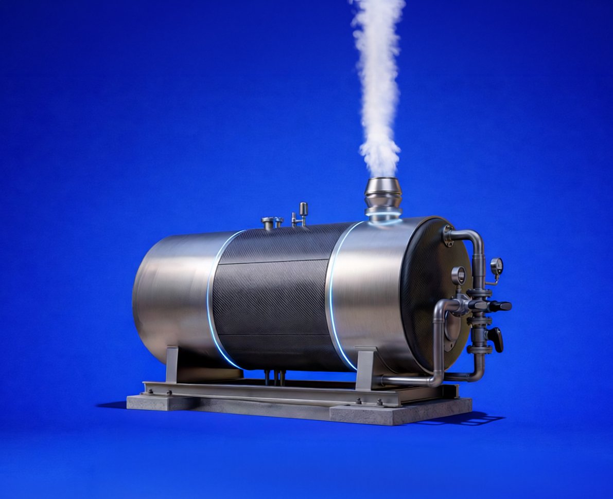 A modern steam boiler emitting white steam against a solid blue background.