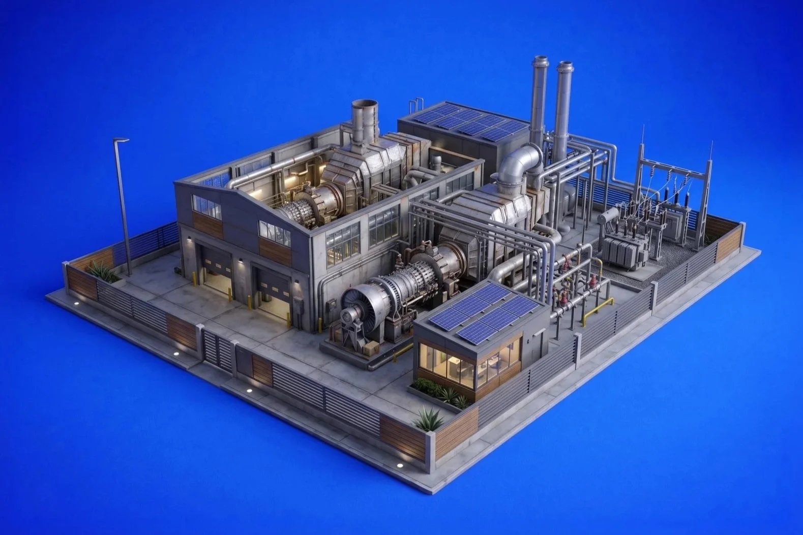 A detailed miniature scale model of a modern industrial facility with solar panels on the roof, surrounded by a fence, set against a solid blue background.