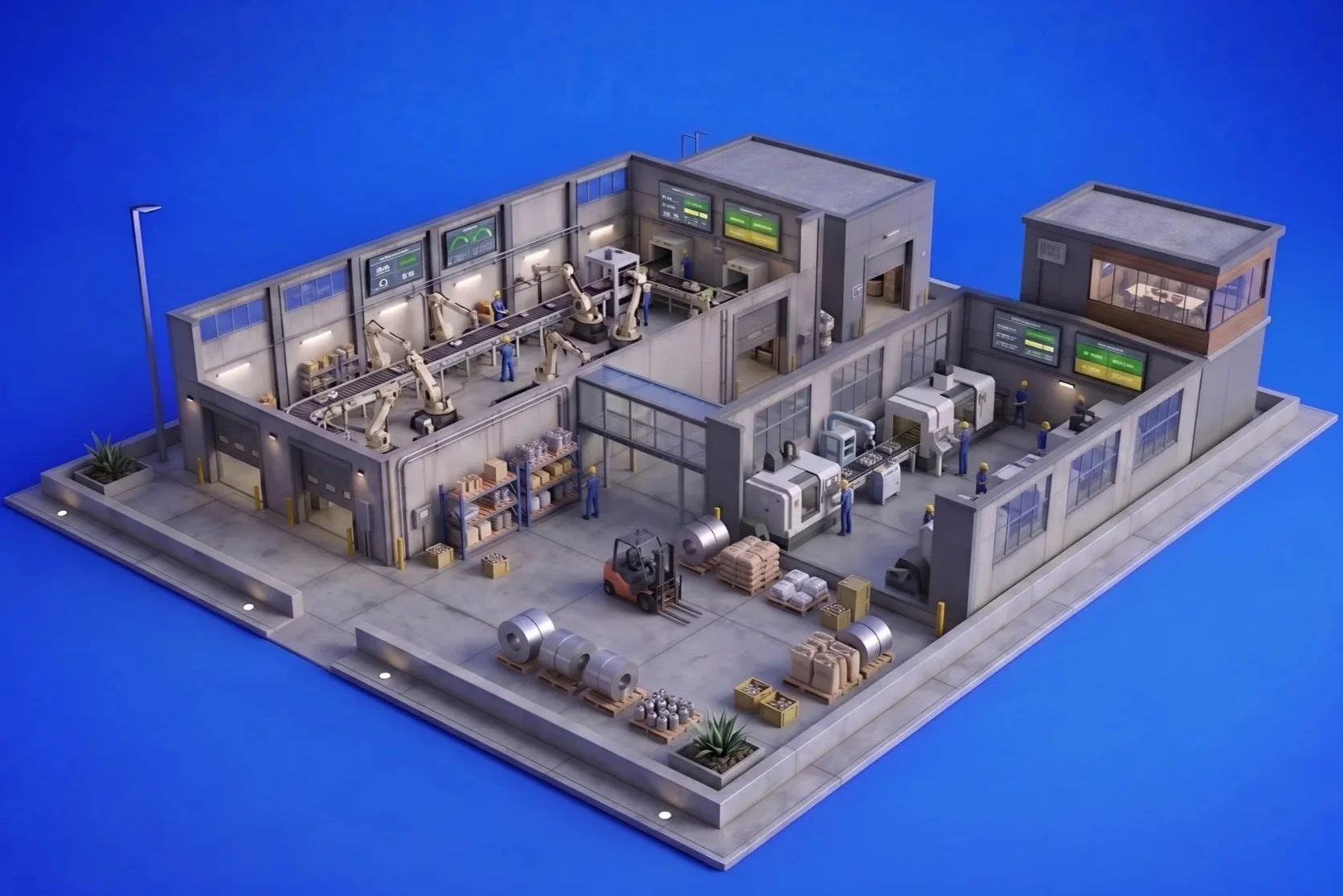 Miniature model of a modern industrial factory with manufacturing equipment, robotic arms, workers, storage shelves, and large computer screens, set on a blue background.