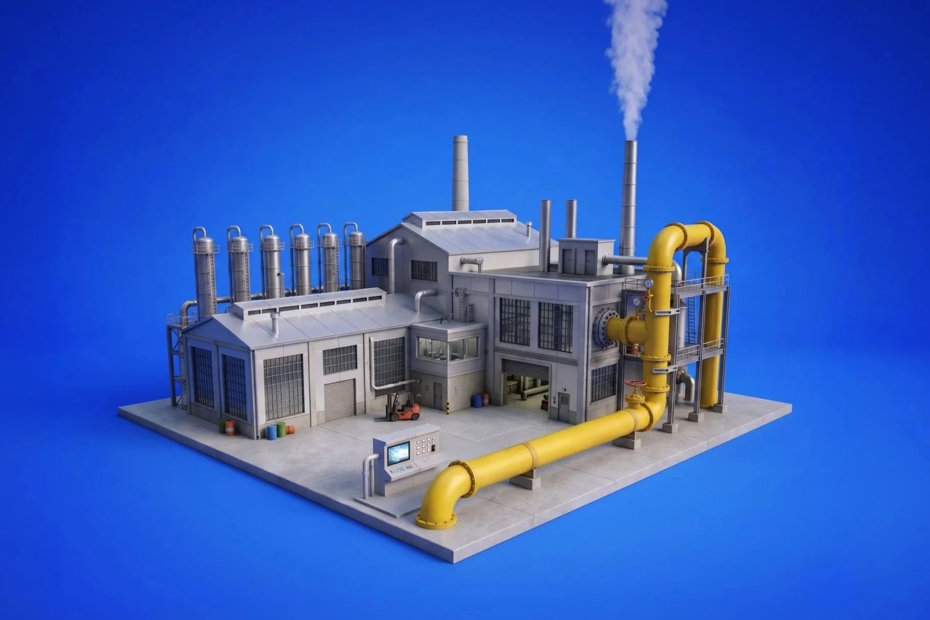 Model of an industrial factory building with pipes, chimneys emitting smoke, and various machinery against a blue background.