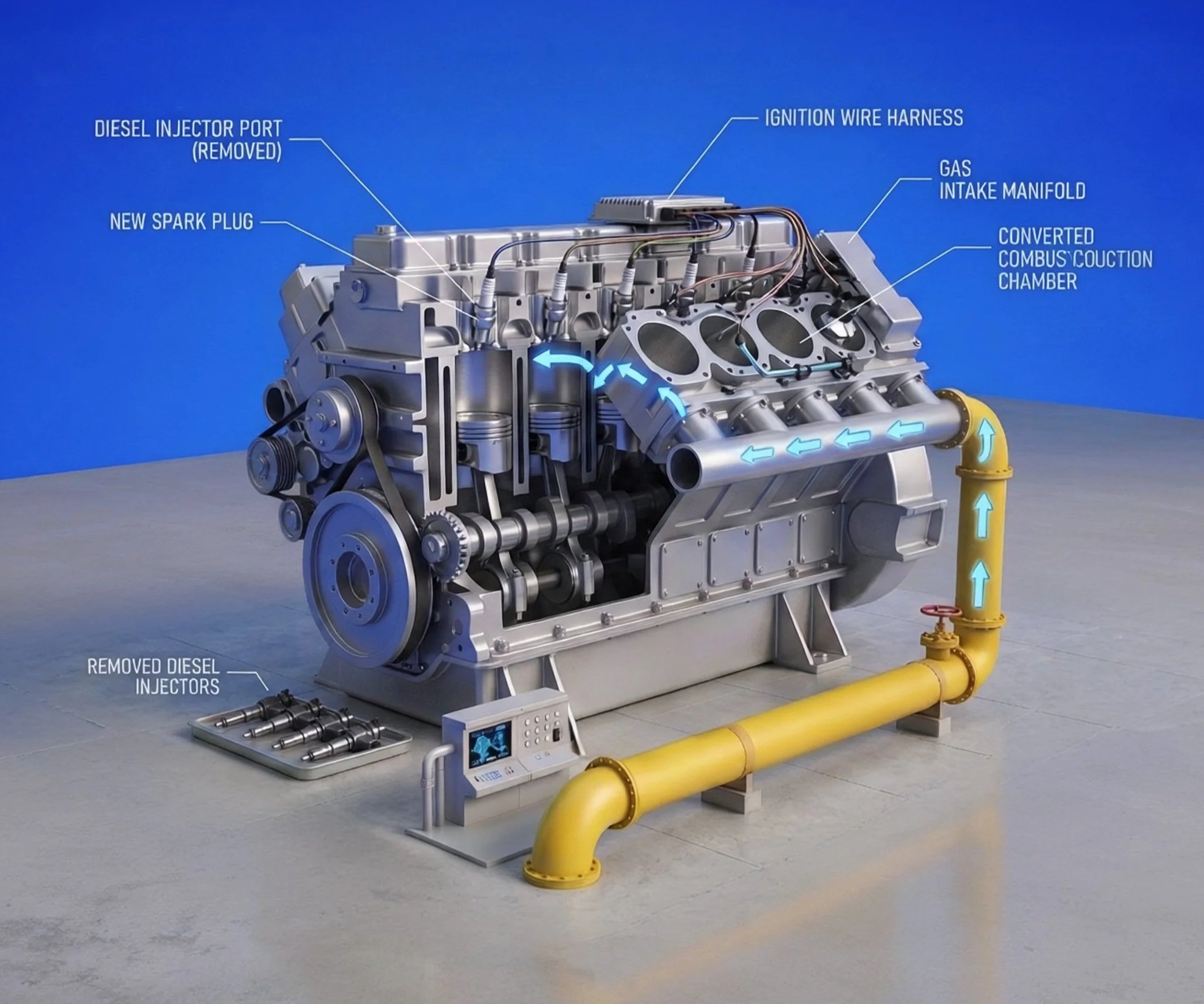 Illustration of a car engine with labels indicating parts such as fuel injectors, ignition wire harness, gas intake manifold, and combustion chamber. Removed diesel injectors and a new spark plug are also shown, along with a digital monitor for engine control.