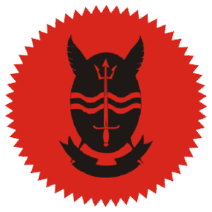A black stylized figure of a donkey with red facial markings and a trident on its forehead, set against a red circular background with a jagged border.