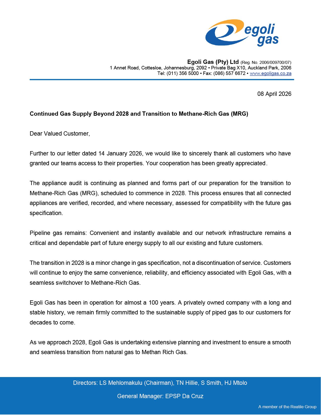 Continued Gas Supply Beyond 2028 and Transition to (MRG)