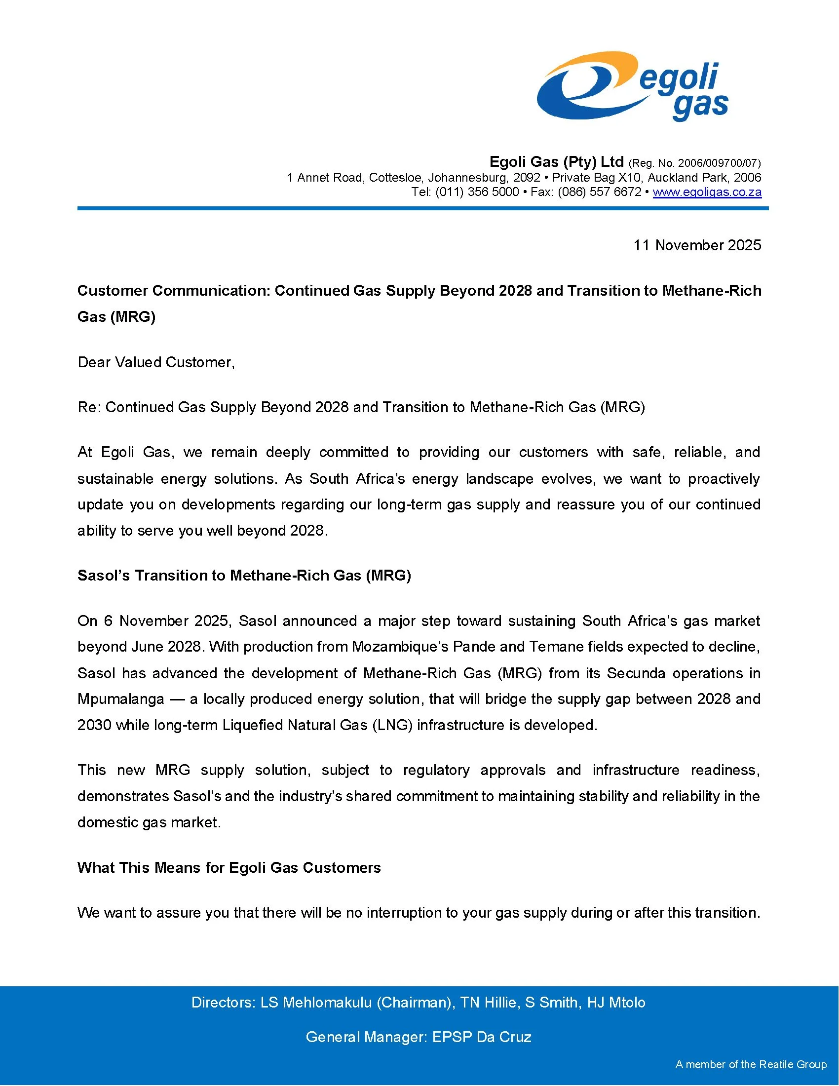 Continued Gas Supply Beyond 2028 and Transition to Methane-Rich Gas (MRG):