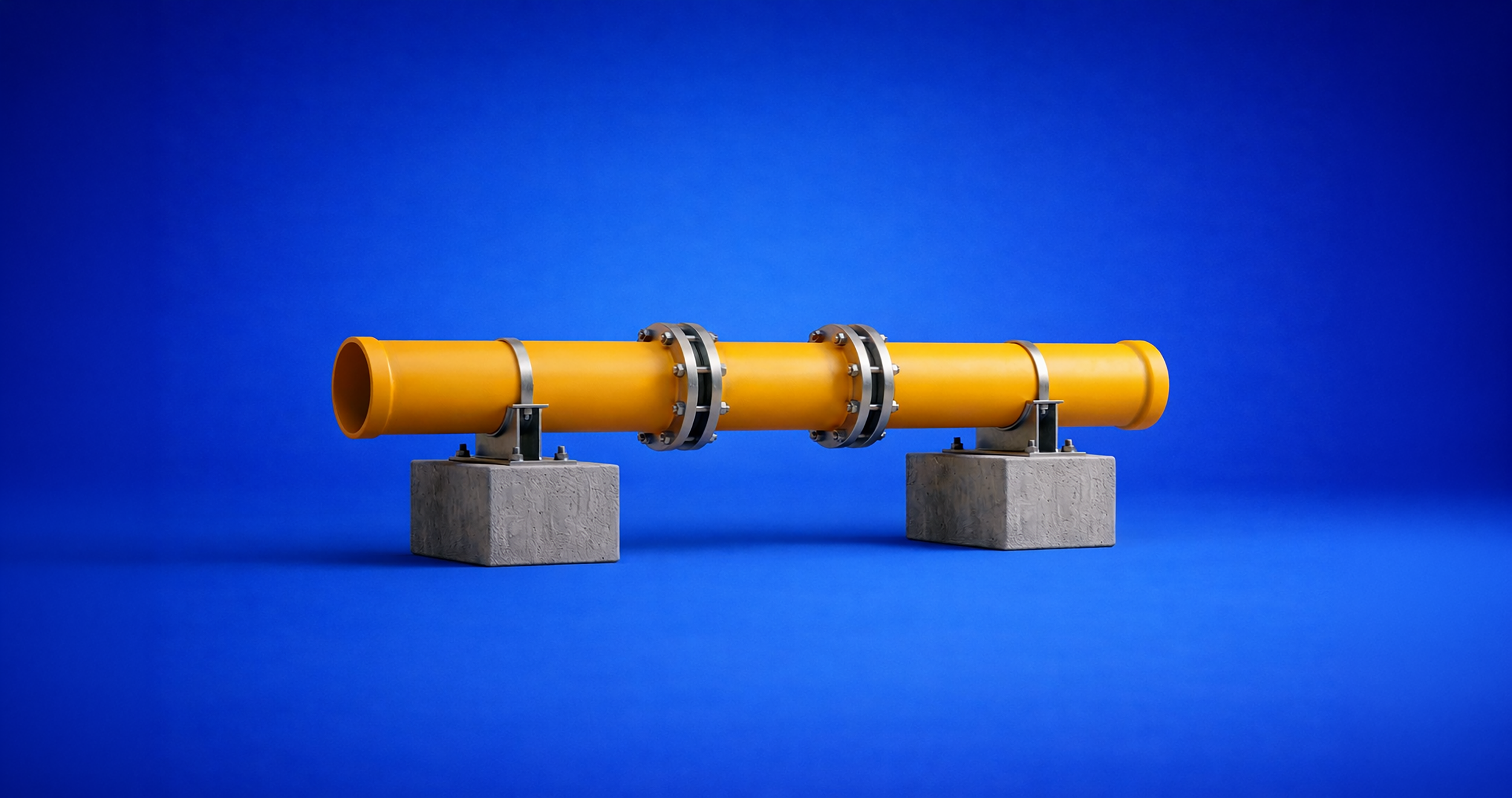 Yellow cylindrical pipe mounted on two concrete blocks against a blue background.