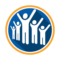 A group of five people with raised hands inside a circular blue background with an orange border.