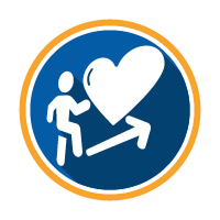 A symbol of a person walking onto a heart with an arrow pointing right, indicating a pathway for love or relationships