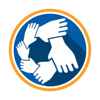 Four hands of different sizes forming a circle, symbolizing unity and teamwork, inside a blue circular background with an orange border.
