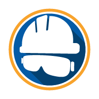 A logo featuring a construction helmet and a safety goggles over a stylized face with a beard, in a blue and orange circular design.
