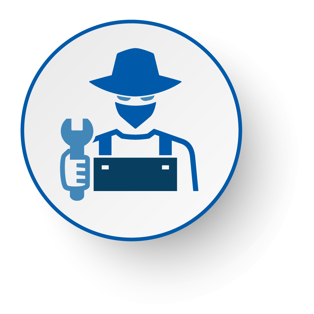 Icon of a person wearing a hat and mask, holding a wrench, with a toolbox in front, representing a mechanic or handyman.