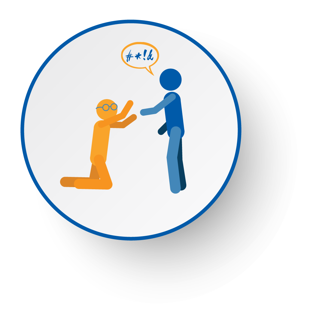 A digital illustration shows a person kneeling with an open mouth and glasses, reaching out to another person who is standing. The standing person appears to be angry, with a speech bubble showing symbols indicating swearing or yelling.