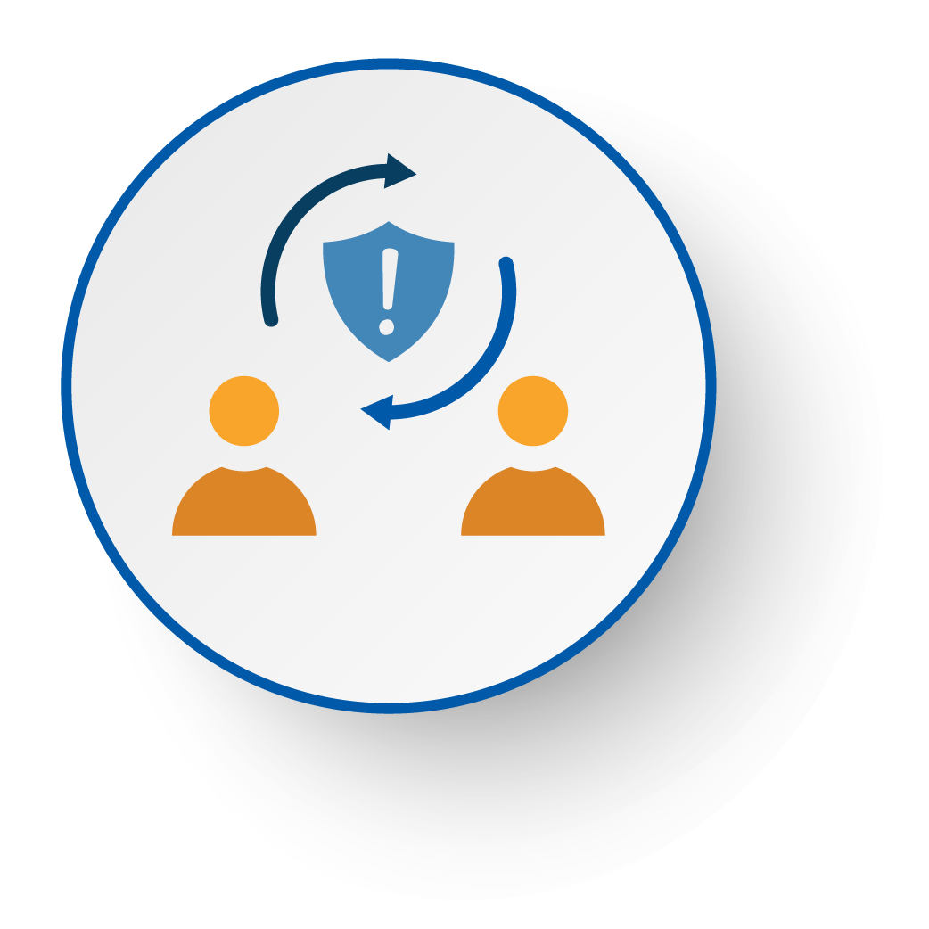 Illustration of two people with a shield and exclamation mark, connected by arrows indicating a focus on security or protection, with a blue circular border.