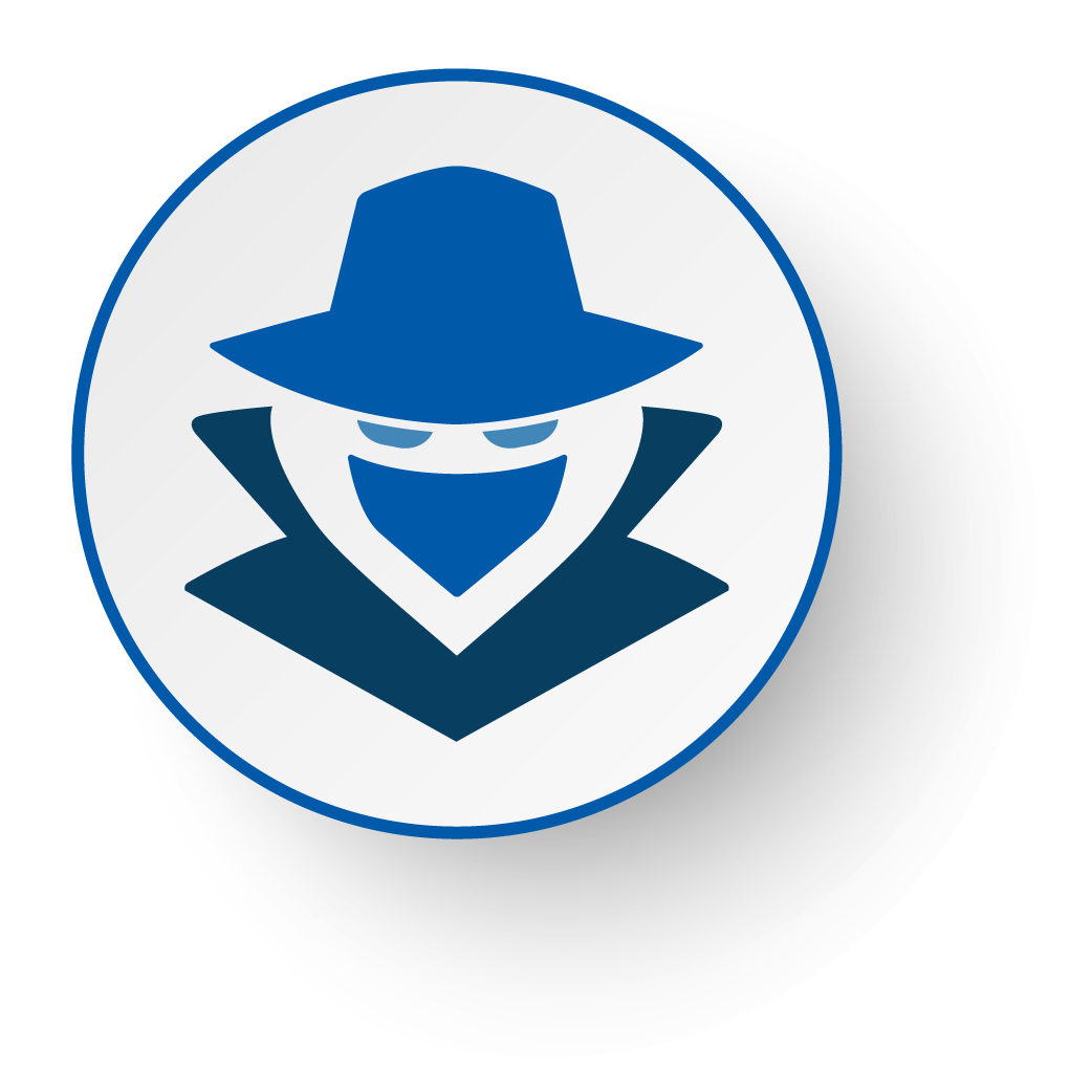 Icon of a person wearing a wide-brimmed hat, mask, and trench coat, representing a spy or detective.