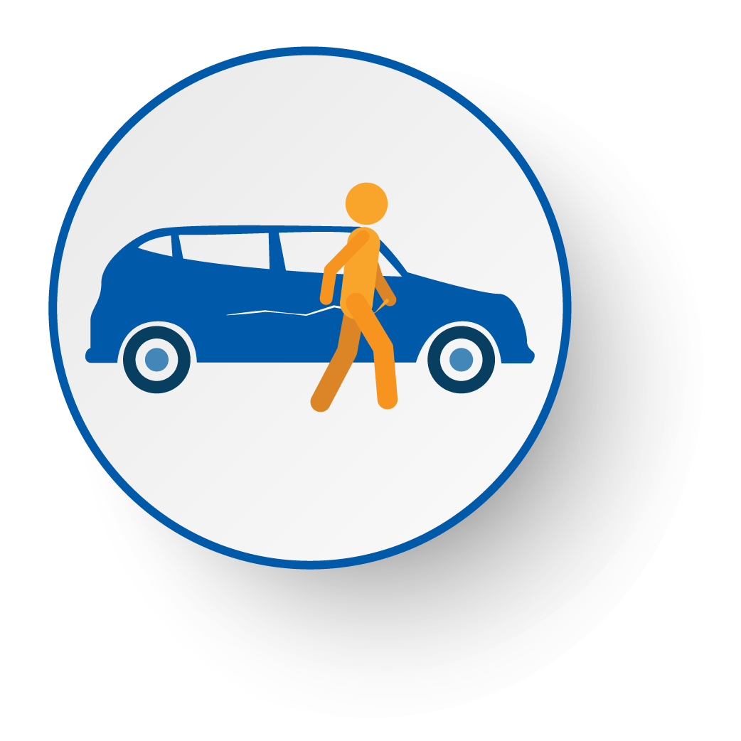 Icon of a person walking past a car, indicating walking or pedestrian access.