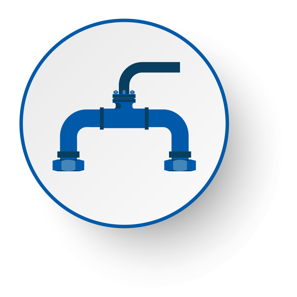 Icon of a blue pipe fitting with three connections inside a white circle with a blue border.