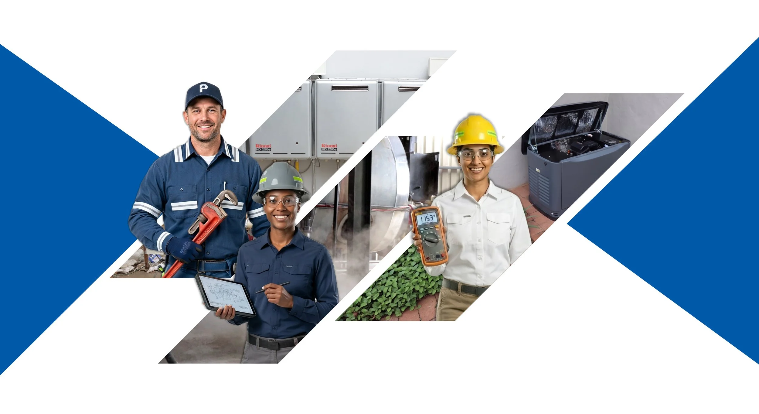 Photos of professionals in various technical and industrial settings, including a man with a wrench, a woman with a tablet, a woman with a multimeter, and a person near industrial equipment.