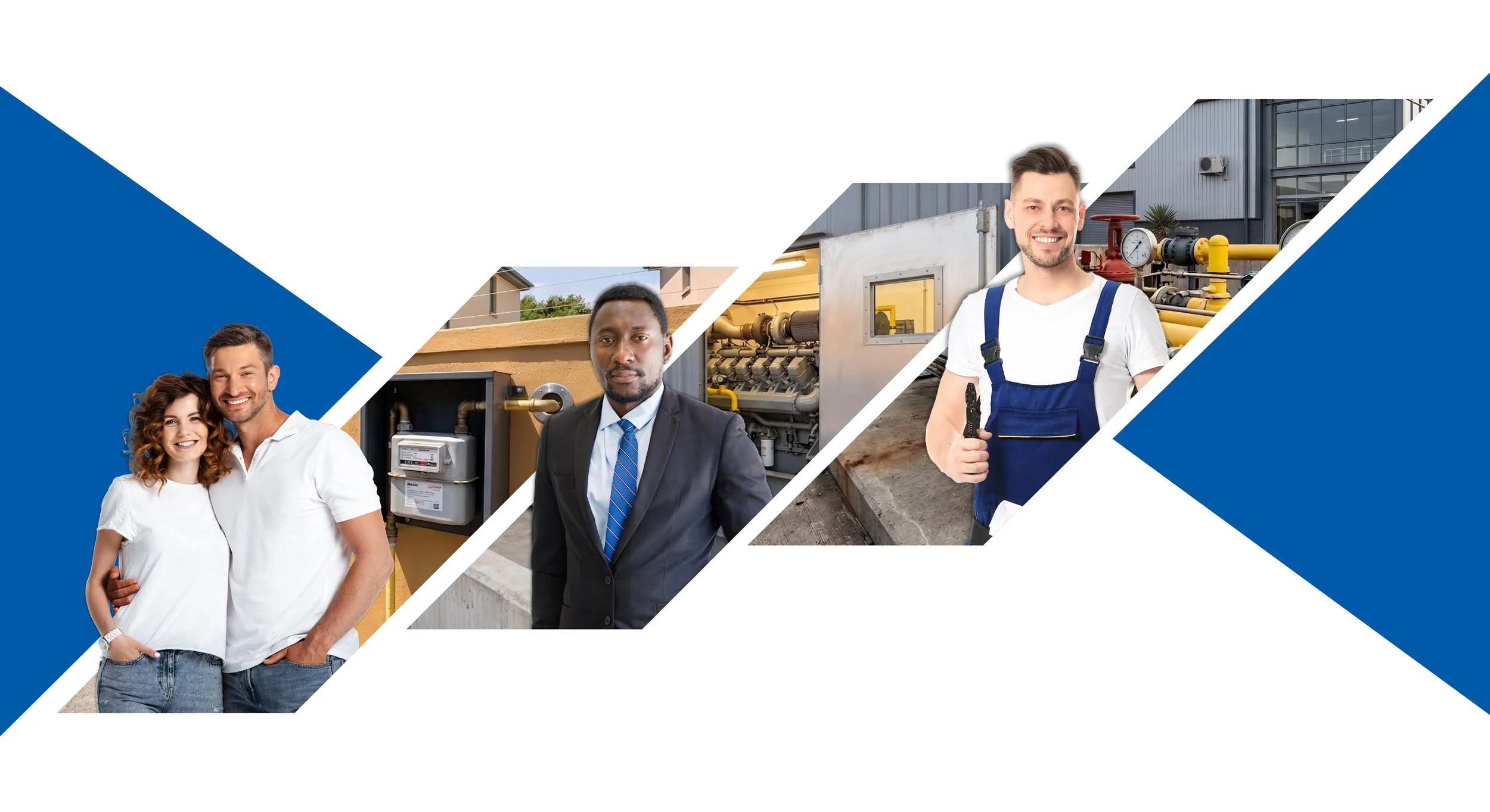 Composite of diverse professionals including a happy couple, a man in a suit, and workers in industrial settings, representing various careers and industries.
