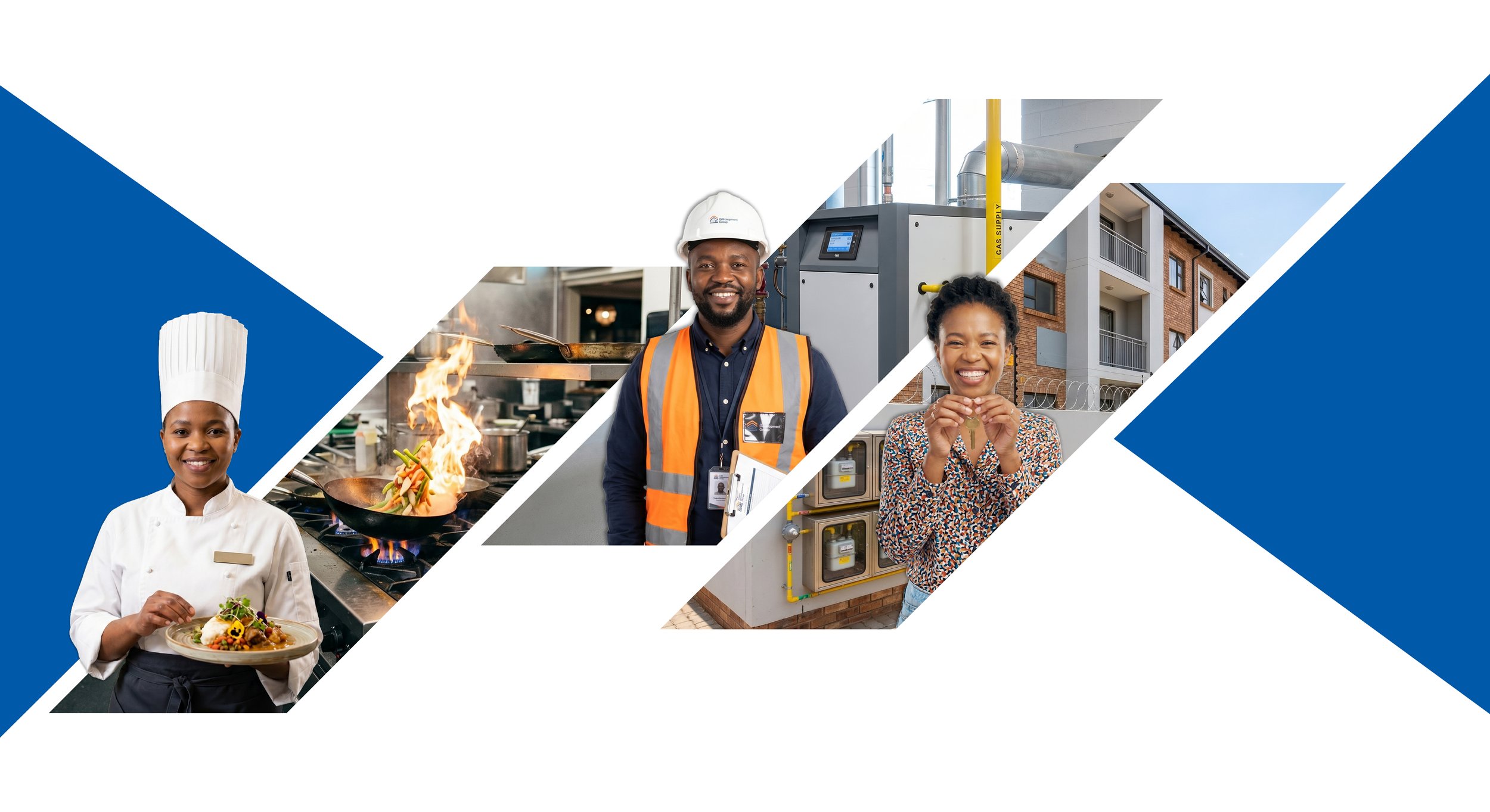 Collage of professionals in hospitality, culinary, industrial, and residential sectors.
