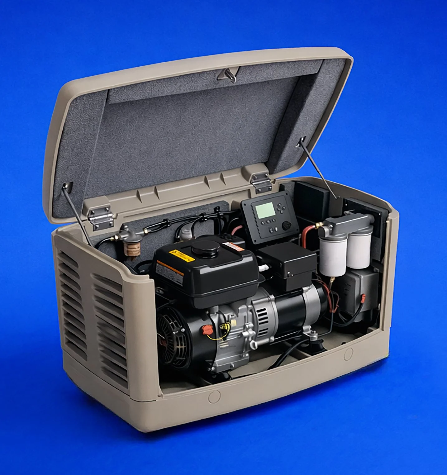 A portable generator with an open top, showing internal components including a fuel tank, motor, and electronic controls on a blue background.