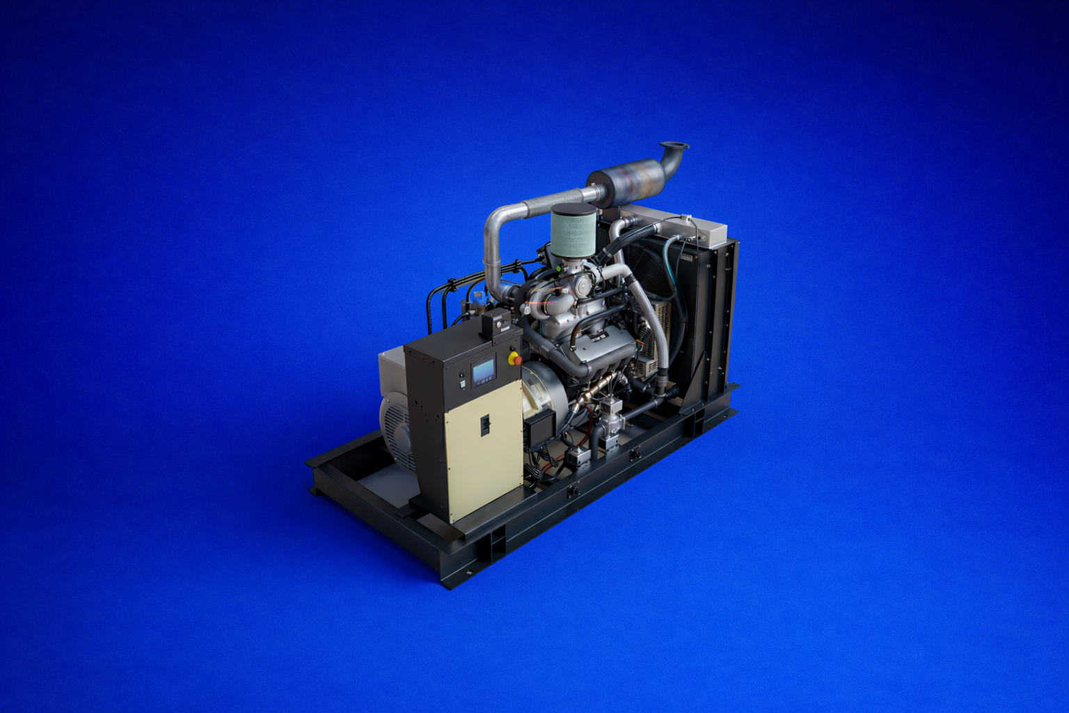 Industrial generator with engine and control panel on a black metal frame against a blue background.