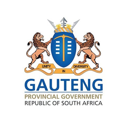 The emblem of the Gauteng Provincial Government featuring two lions holding a shield with a sword and spear, a crest with feathers above, and banners with the words "Unity" and "Diversity"; text below states "Gauteng Provincial Government, Republic of South Africa."