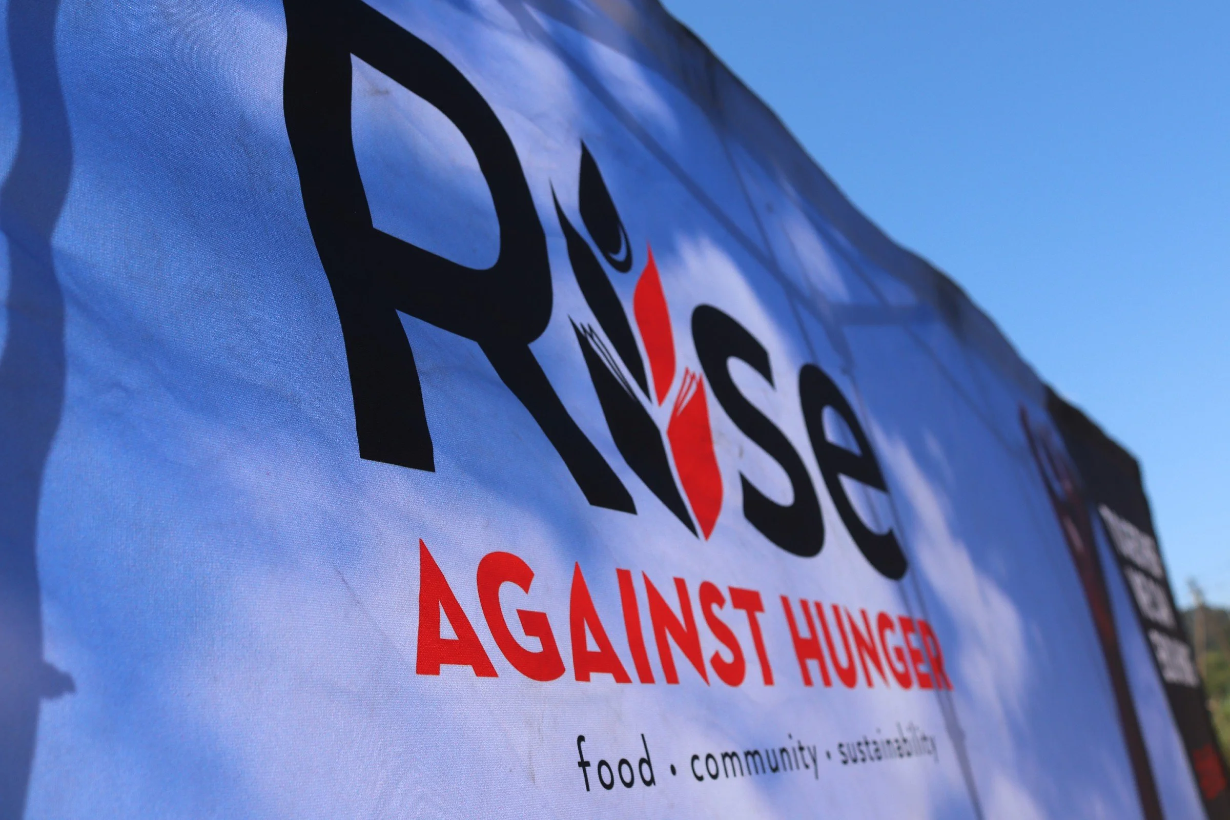 A close-up of a protest or campaign banner with the words 'NO S' and red text below reading 'AGAINST HUNG' visible, against a clear blue sky background.