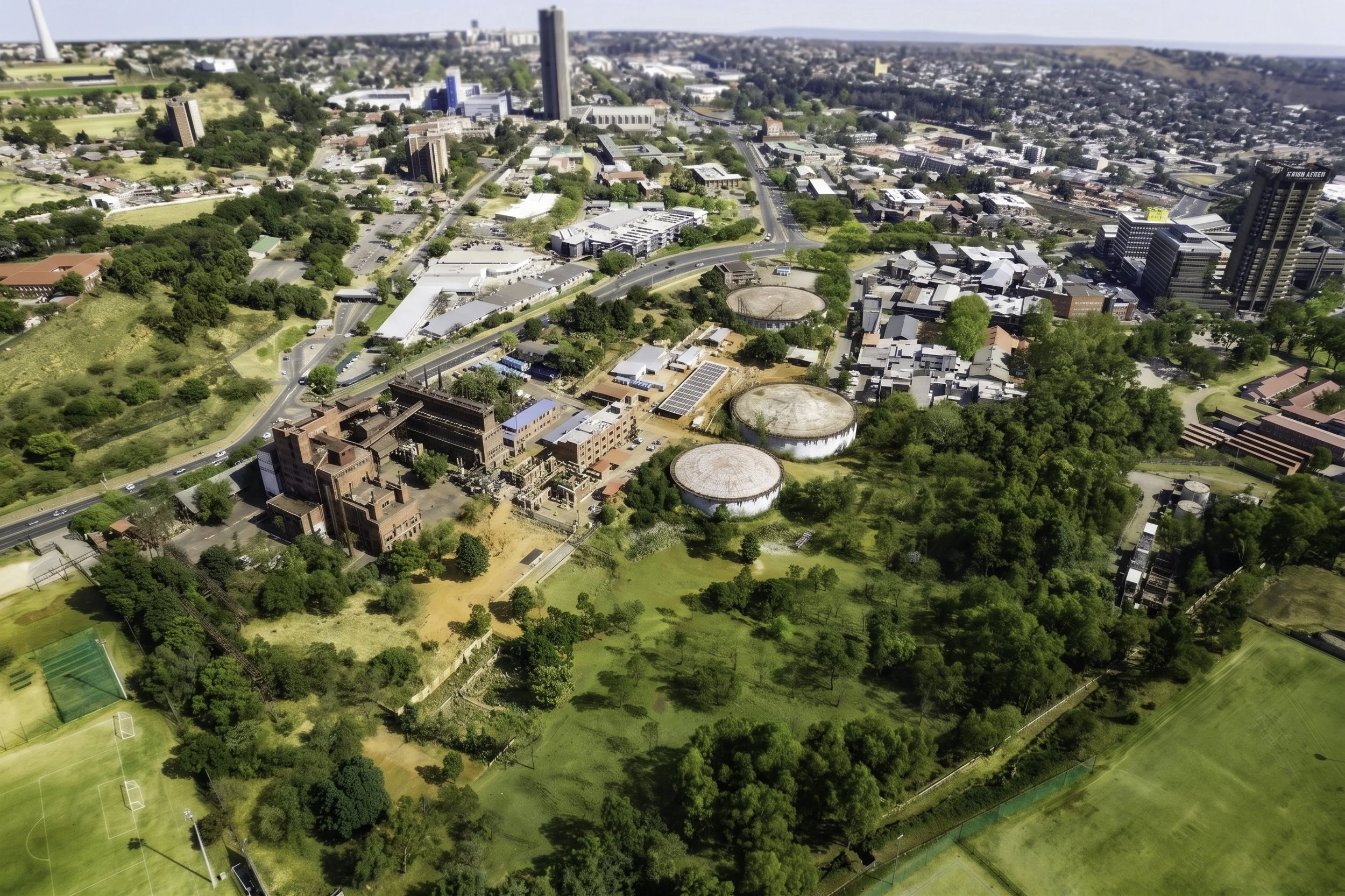 An aerial view of a city park and surrounding urban area with buildings, roads, and trees, under a clear sky.