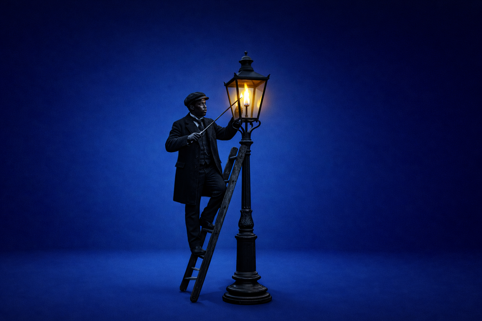 A man dressed in vintage clothing stands on a ladder adjusting a street lamp with a lit flame against a dark blue background.
