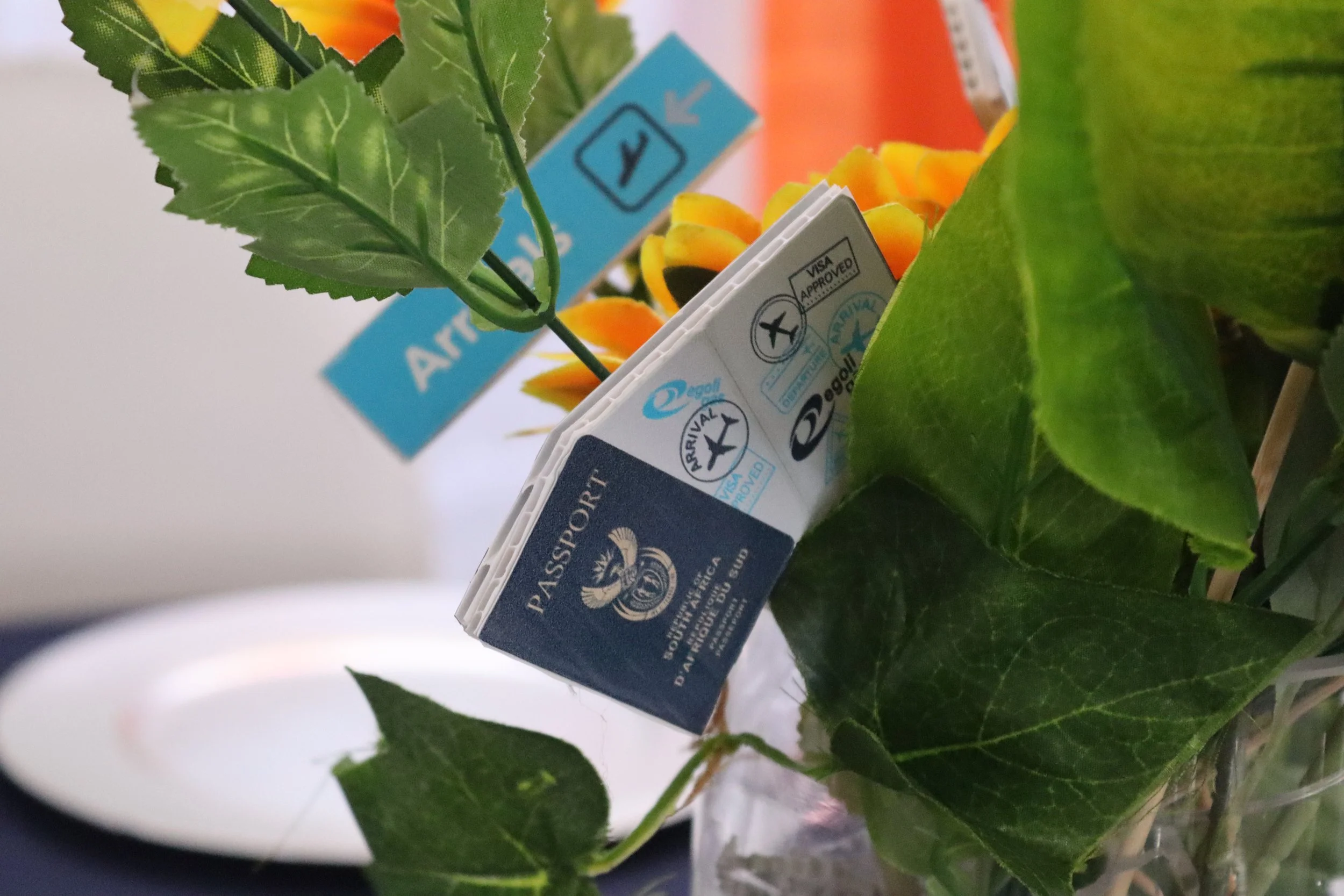 Close-up of green holly leaves with a small flower and a product label with Visa approval and airline travel symbols in the background.
