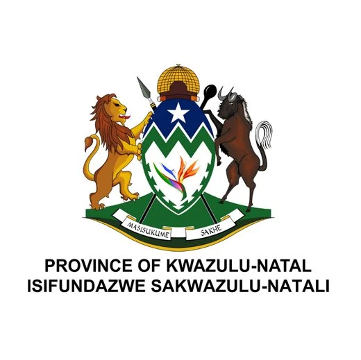 Emblem of the Province of KwaZulu-Natal featuring a lion, a wildebeest, a shield with a star, a spear, a spoon, and a globe, with the motto 'Masisukume Sakhe' and the name of the province.