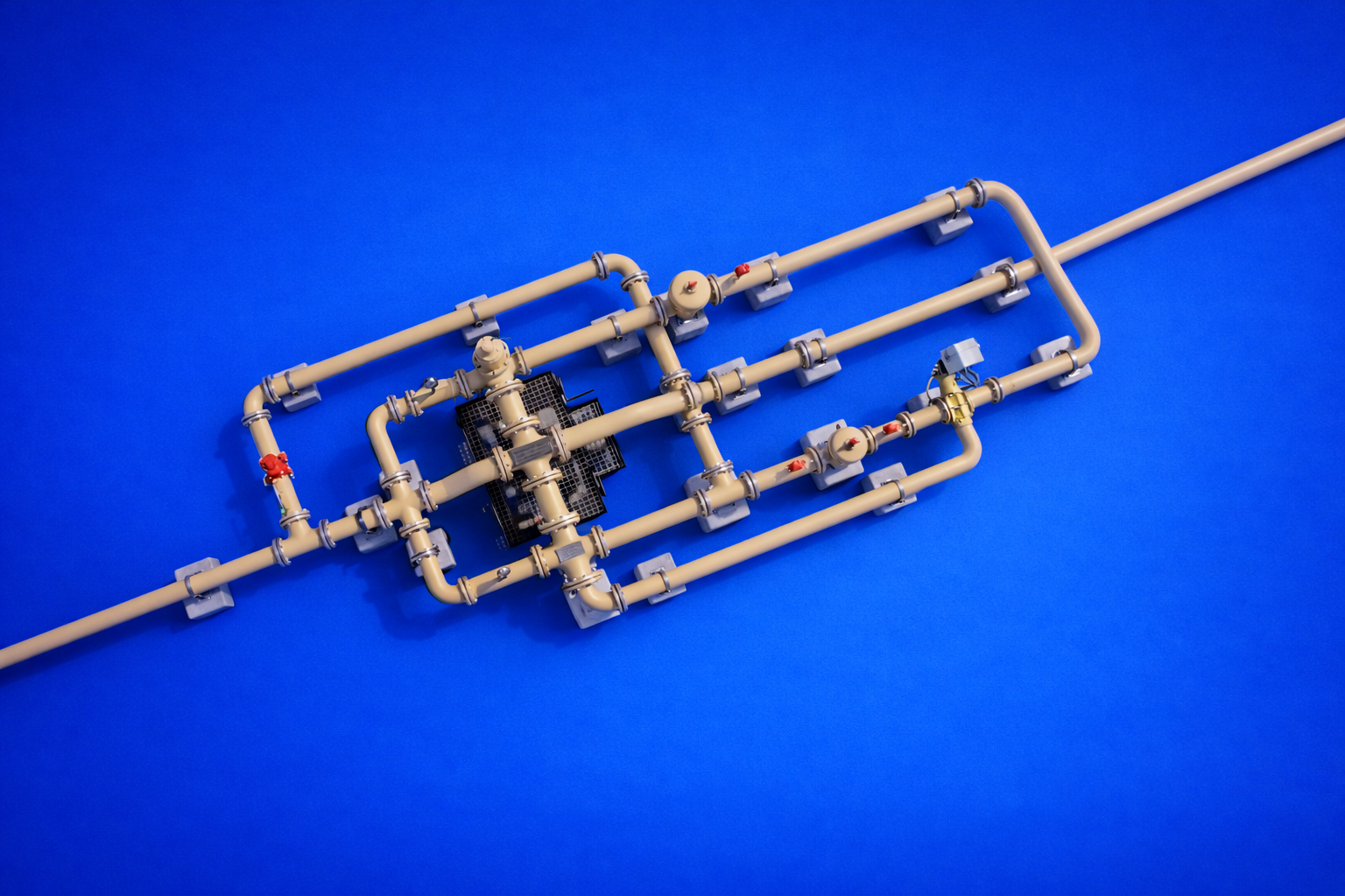 Arranged network of white plastic pipes mounted on a bright blue background.