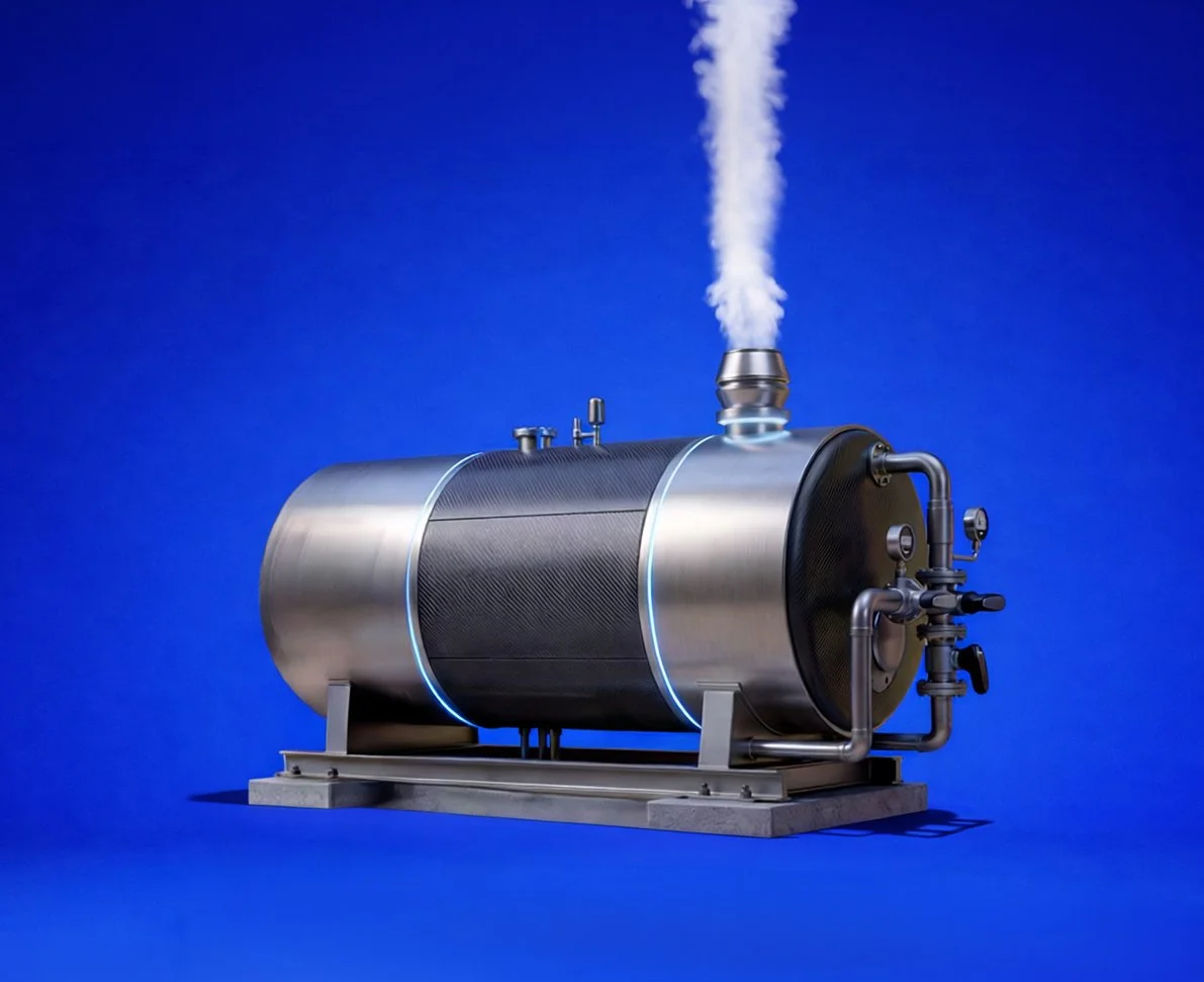 A modern, metallic steam boiler emitting white steam against a blue background.