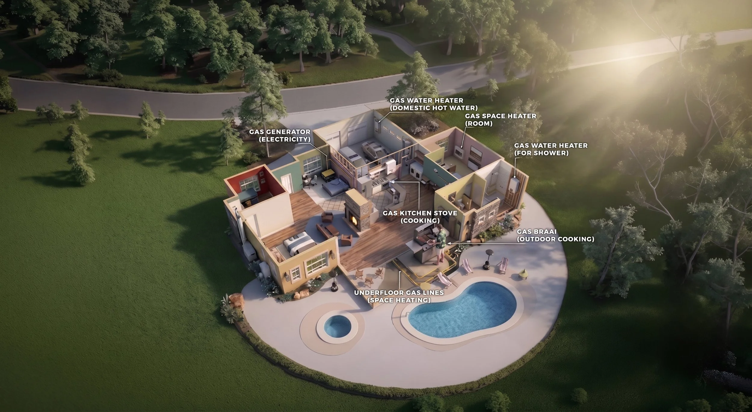 A detailed illustration of a house with various labeled gas-powered appliances and systems: gas generator for electricity, gas water heater, domestic hot water system, gas space heater, outdoor gas braai for outdoor cooking, gas kitchen stove for cooking, and underground gas lines for space heating. The house features a pool, a patio, and is surrounded by grassy yard and trees.