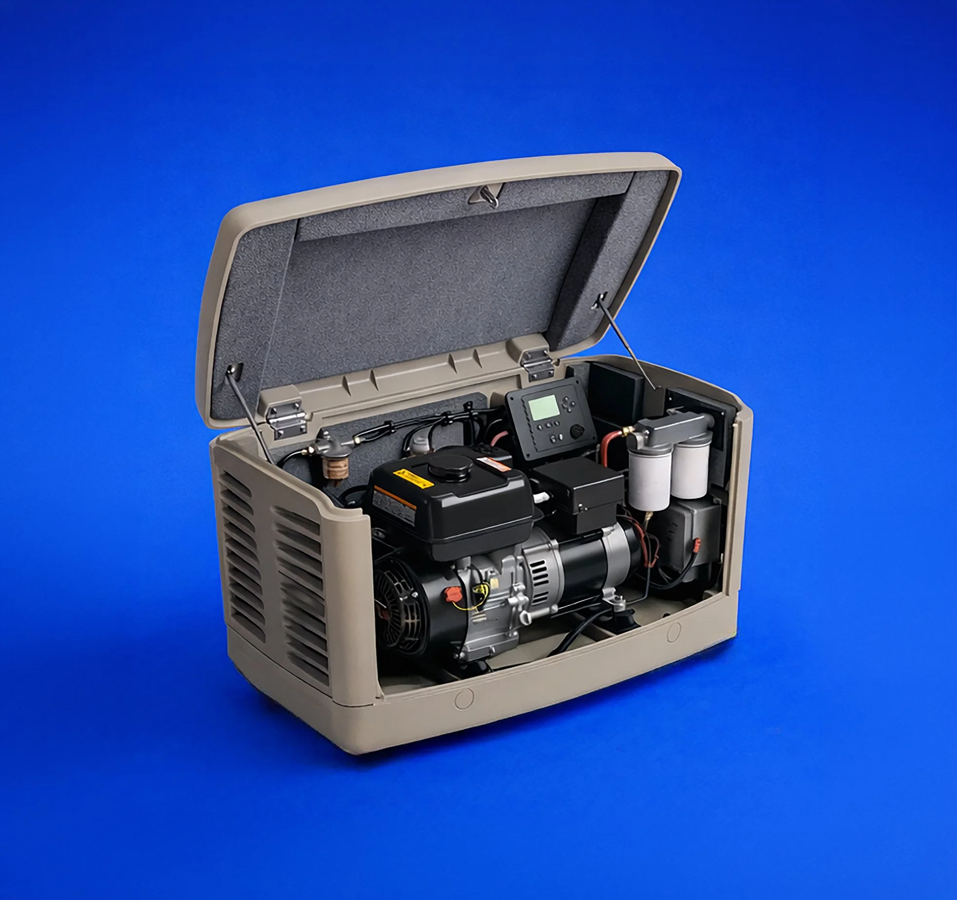 Open beige plastic case with internal electronic and mechanical components, including wires, circuit boards, and motors, against a blue background.