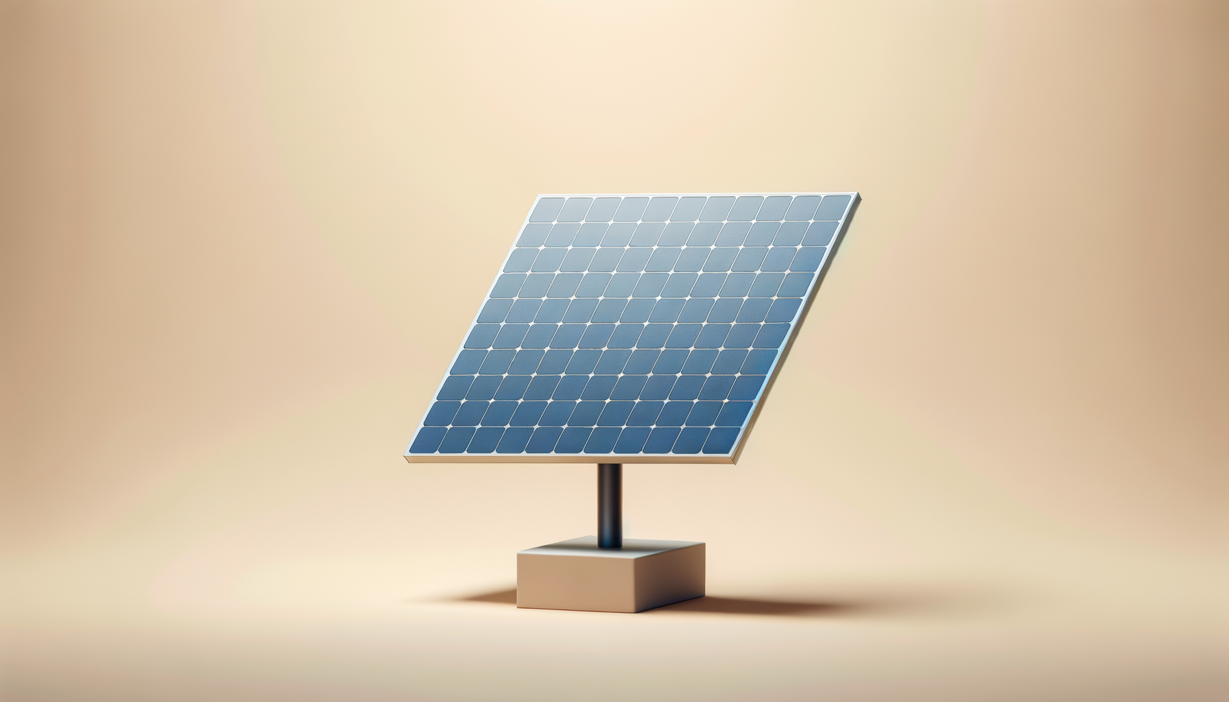 A solar panel mounted on a stand against a plain beige background.