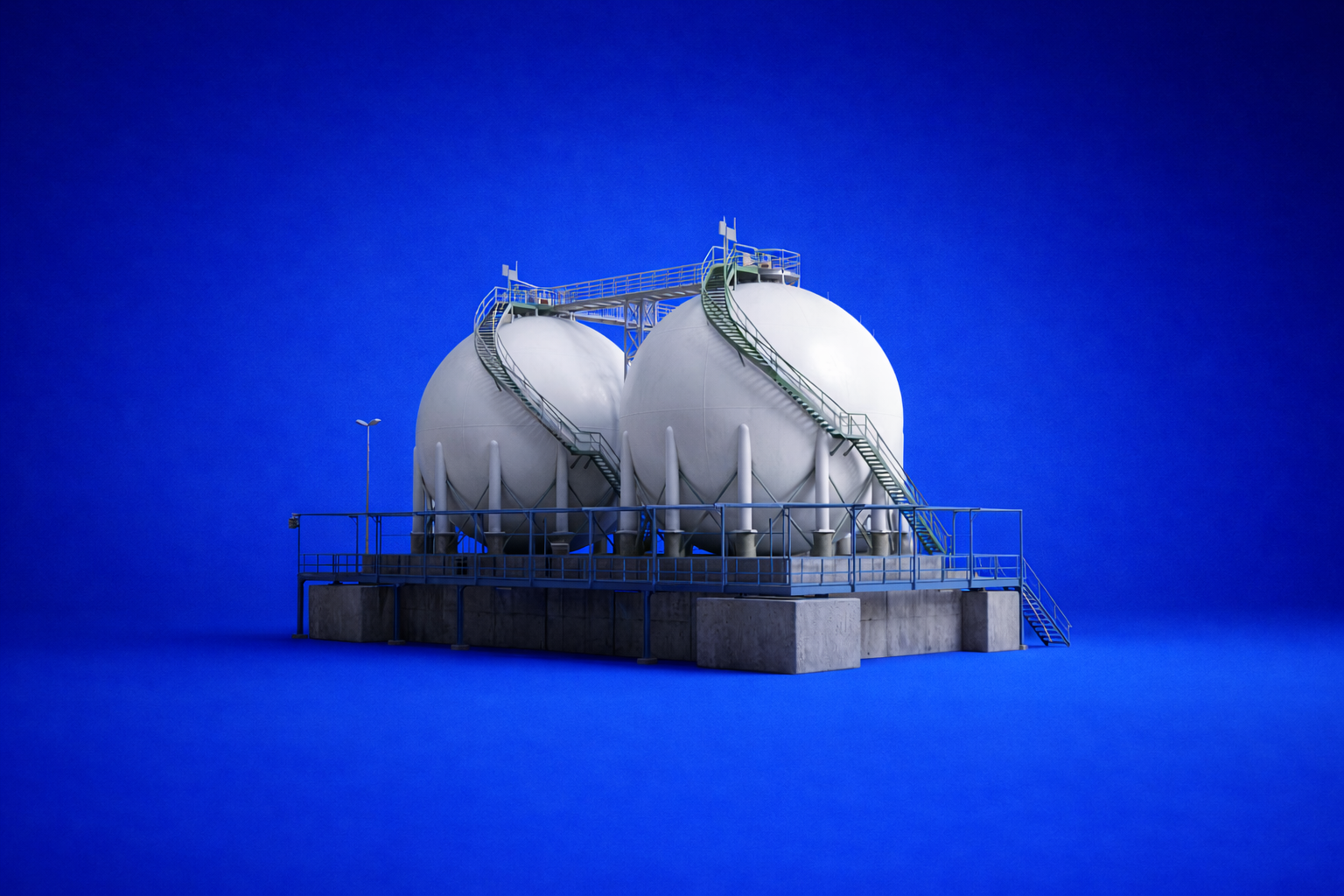 Two large white spherical tanks on a concrete platform with metal stairs and railings, against a deep blue background.