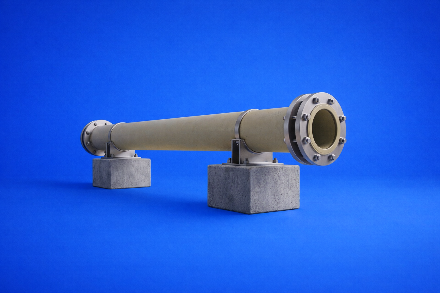Industrial pipe mounted on concrete blocks against a blue background.