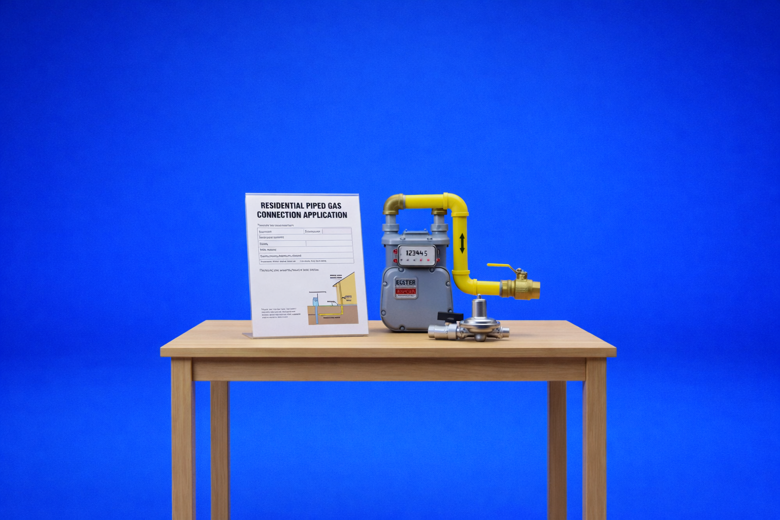 Residential gas meter, yellow gas pipe, and connection diagram on a wooden table against a blue background.