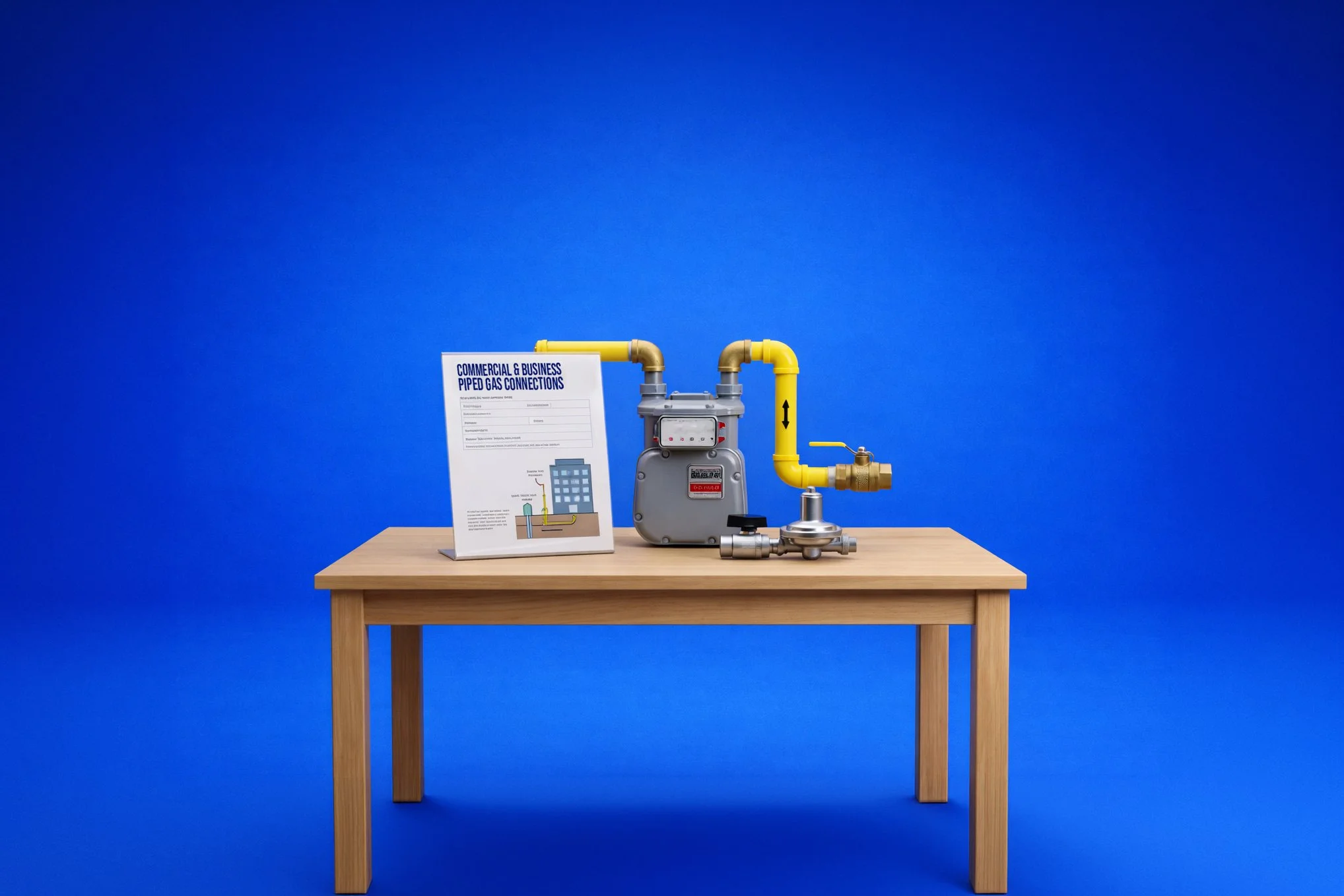 A wooden table against a blue background with a gas meter, yellow pipes, and a document about commercial gas connections.