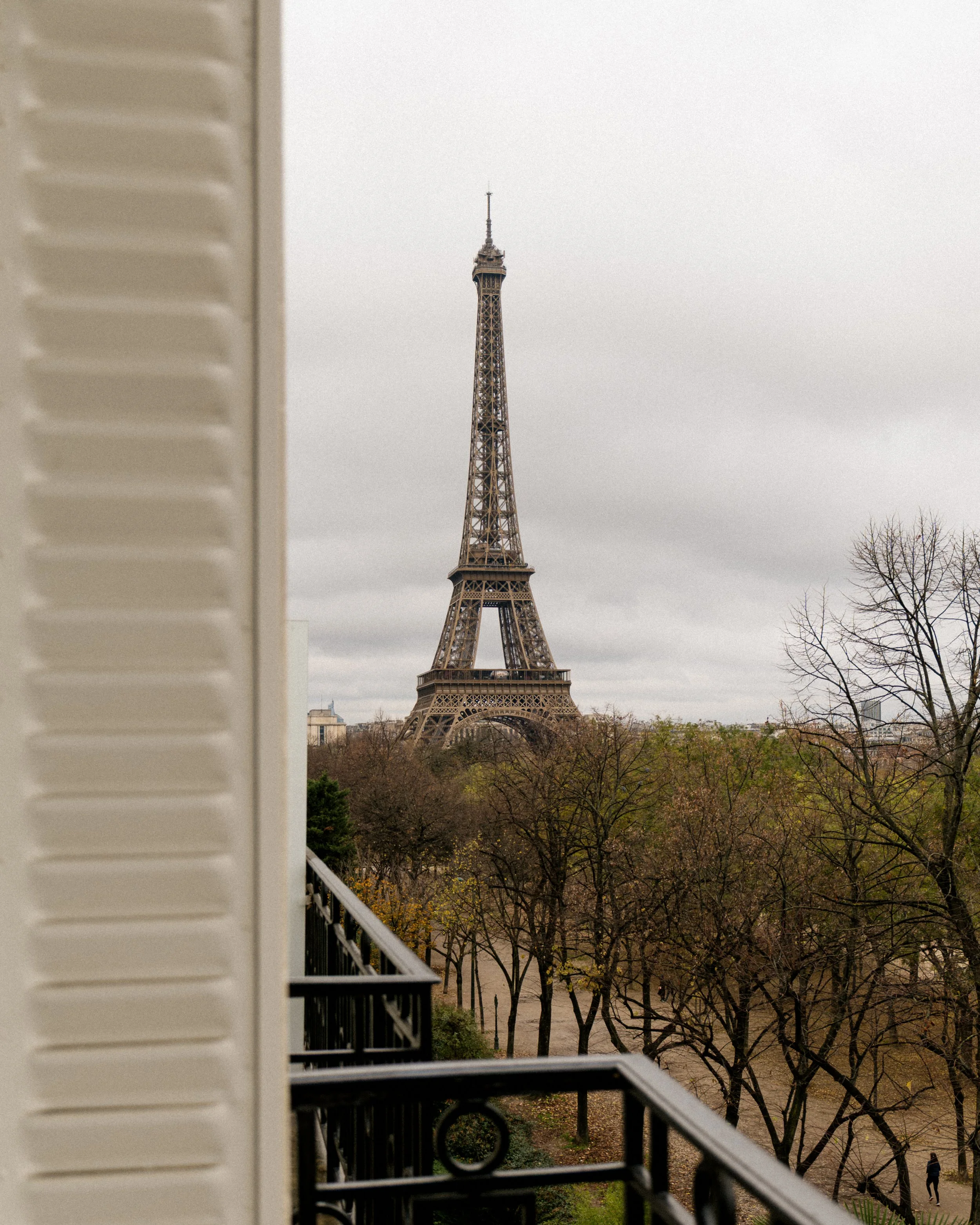 View from a balcony with white shutters on the left and a black railing, overlooking trees and a muddy river, with the Eiffel Tower in the distance under an overcast sky.