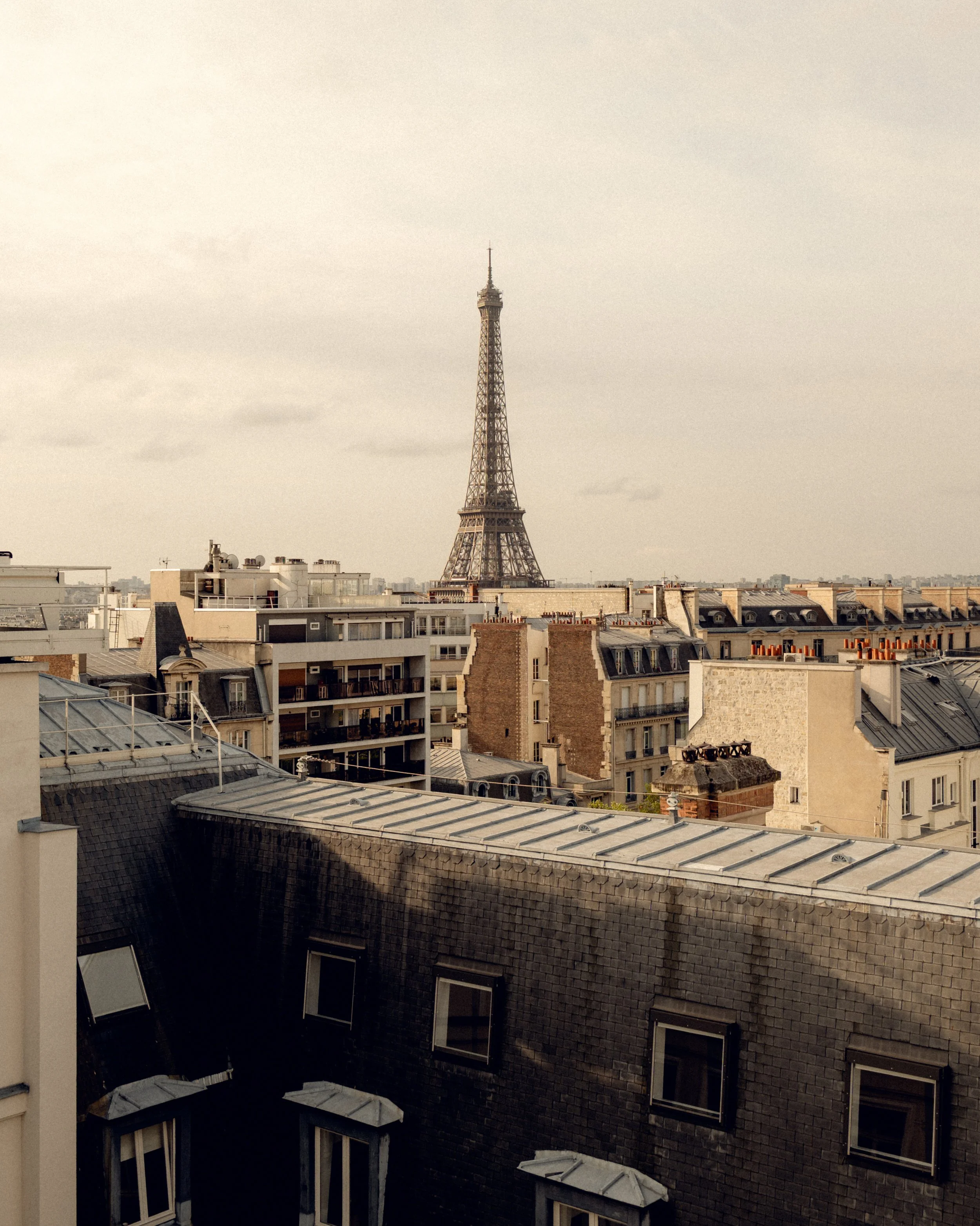 View of Paris cityscape with the Eiffel Tower in the distance, over rooftops with gray and brown roofs and windows.