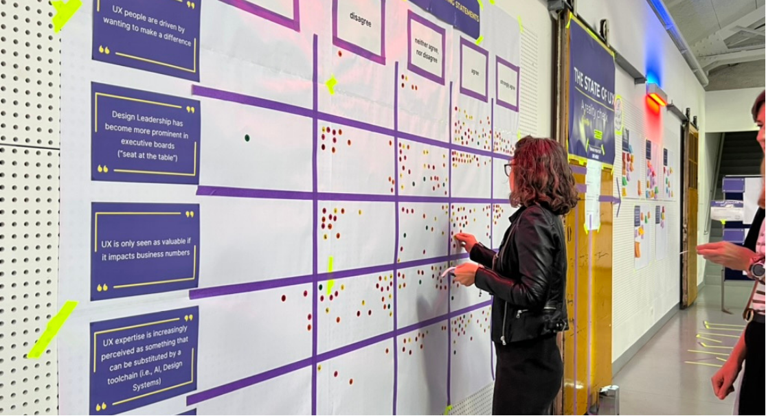 Women participating in an interactive workshop or presentation, writing on a large wall with various printed information and colorful sticky notes.
