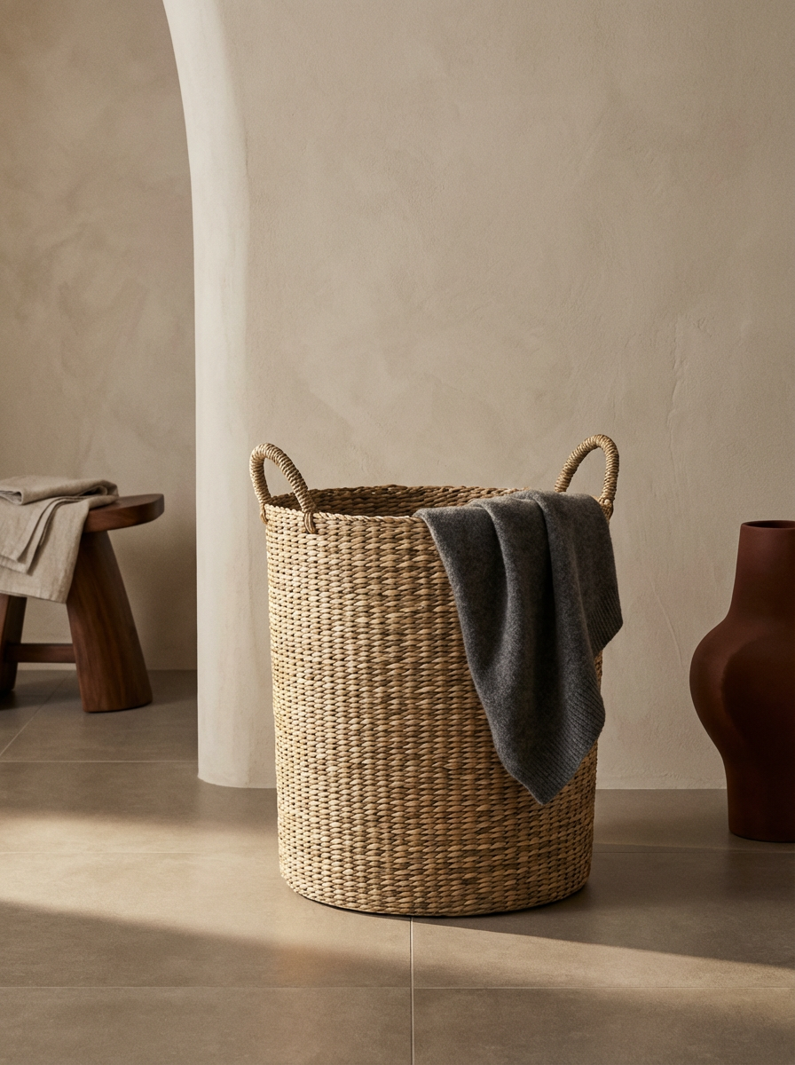 A woven basket with a gray cloth draped over the side, positioned on a tiled floor next to a brown decorative vase and a wooden bench with fabric on it, against a light-colored textured wall.