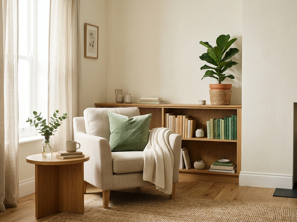 A cozy living room corner with a beige armchair, green throw pillow, and cream knitted blanket. A small wooden side table with a glass vase of greenery and a ceramic mug. Behind, a wooden bookshelf with books and decorative items, and a large potted plant on top. Light filters through sheer curtains.
