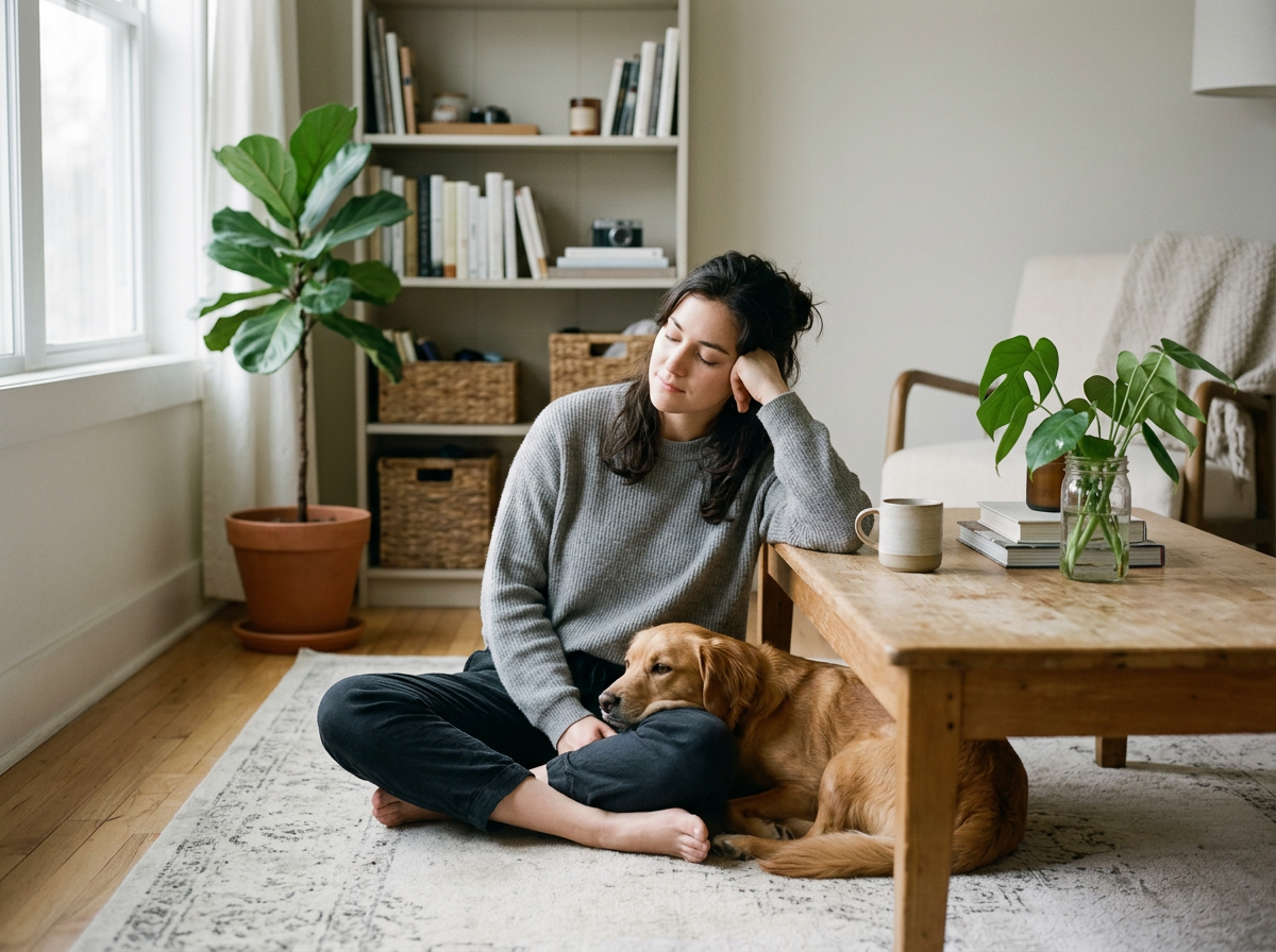 A woman sitting on a rug with her eyes closed, holding her head, with a golden retriever dog resting near her legs inside a cozy living room with plants and books.